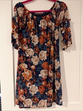 Potter's Pot Navy Floral Off-Shoulder Mini Dress with Rust and Cream Roses